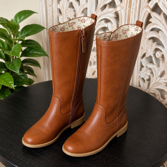 Cat & Jack Other - Cat & Jack Kids Cognac Brown Faux Leather Tall Riding Boots Floral Lining Size 2